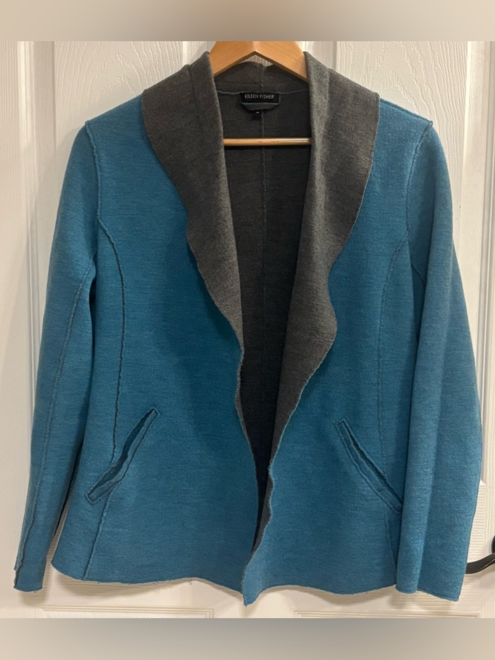 Eileen Fisher Merino Wool Jacket Womens M Teal Open Front Boiled Wool Cardigan